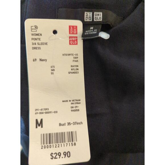 Uniqlo Women's Solid 3/4 Sleeve Mini Dress Navy Blue  Medium NWT Preppy Academia - Picture 9 of 9